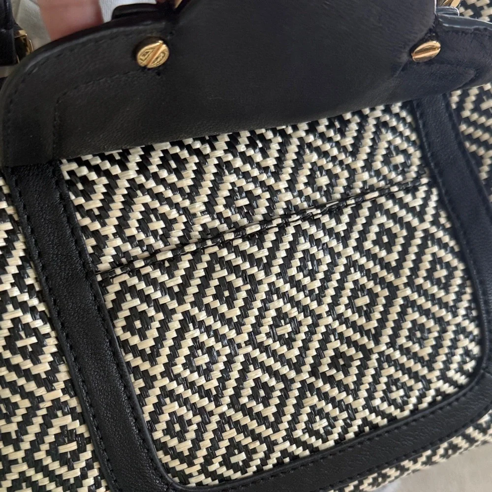 Tory Burch Amanda in Raffia Black and Cream Satchel
